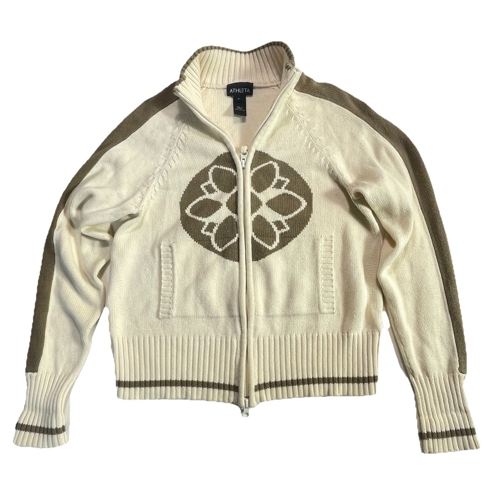 Athleta Après-Ski Sweater Womens M Cotton Knit Full Zip Jacket Cream Y2K Sporty